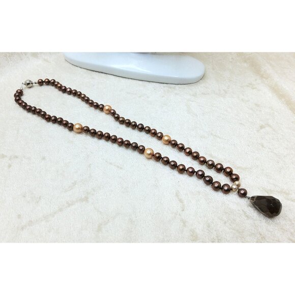 Vintage Sterling Silver Chocolate & Peach Pearl Beaded Necklace With Teardrop Gl - Picture 4 of 4